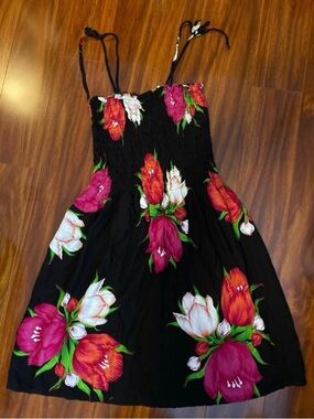 Hawaiian Black Floral Sundress with Pink & White Blooms